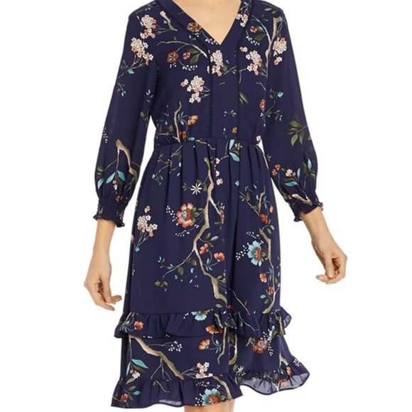 Nanette Lepore Dresses & Skirts - Nanette Lepore Navy Floral-Print Ruffled-Skirt Dress Size 10